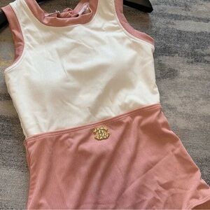 Two-Tone Pink & White Ribbed Dress with Gold Logo Accent